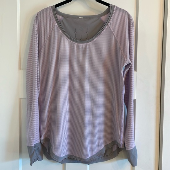 Lululemon Rose Lilac Gray Striped Long Sleeve Stretch Athletic High Low Top L - Picture 1 of 8